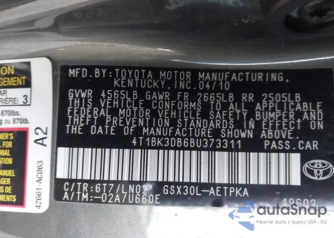 2011 Toyota Avalon Limited z USA, uszkodzony, nr VIN 4T1BK3DB6BU373311